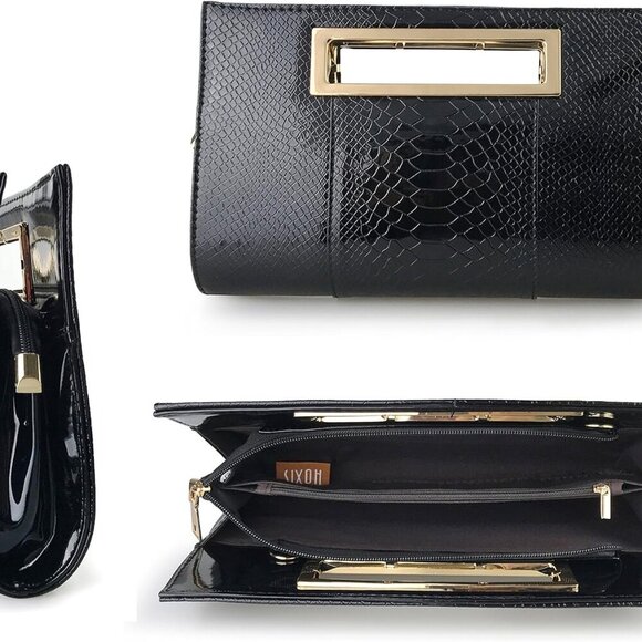 Classic Crocodile Pattern Faux Patent Leather Metal Grip Cut it out Clutch with - Picture 6 of 6